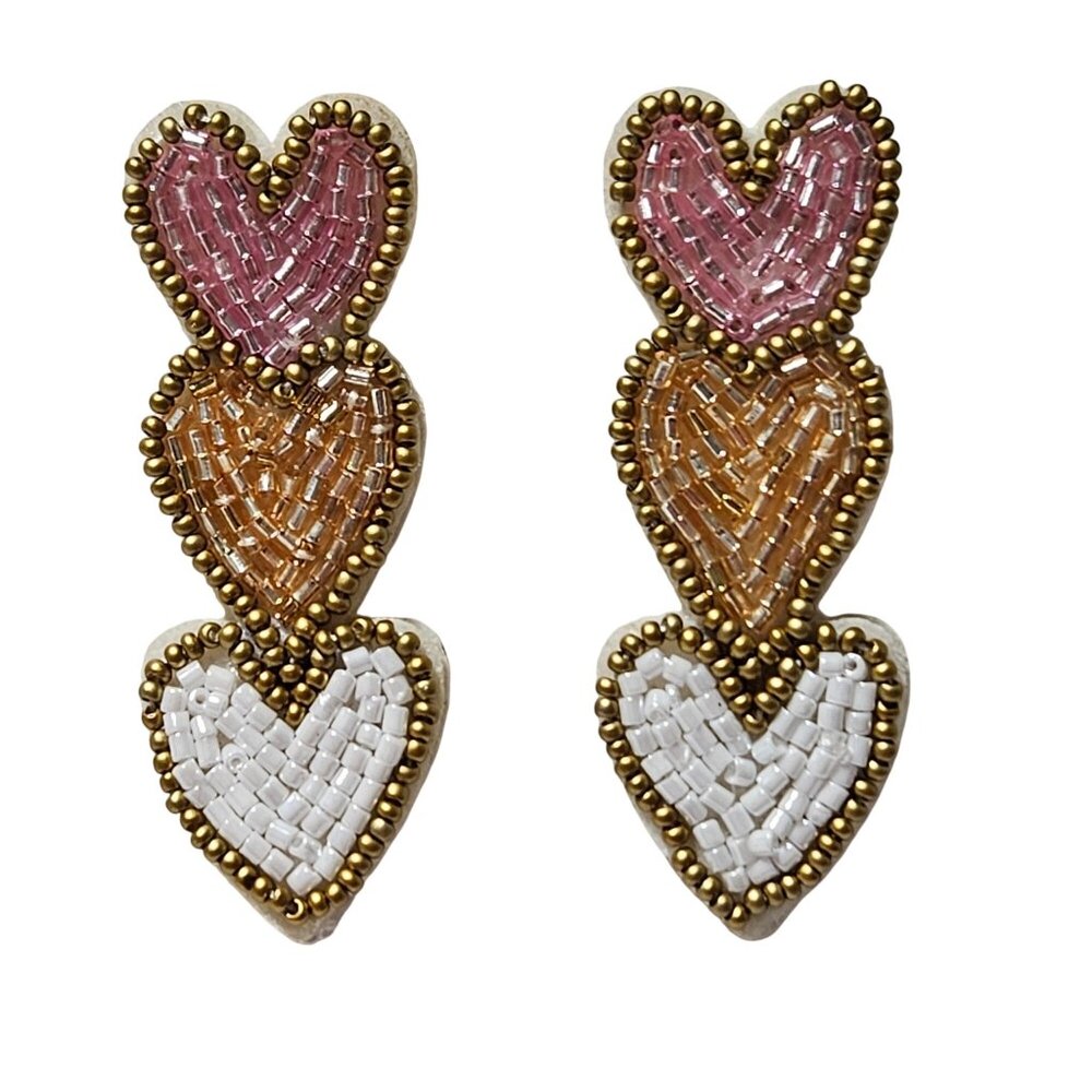 Handmade Beaded Heart Drop Earrings Pink Gold White Fashion Jewelry Love Fun